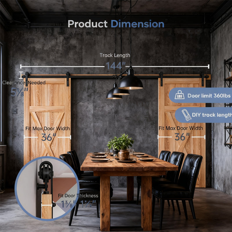 12FT Wood Double Sliding Barn Door Hardware Basic Black Big Spoke Wheel Roller Kit, 5-18FT for Choose image 2