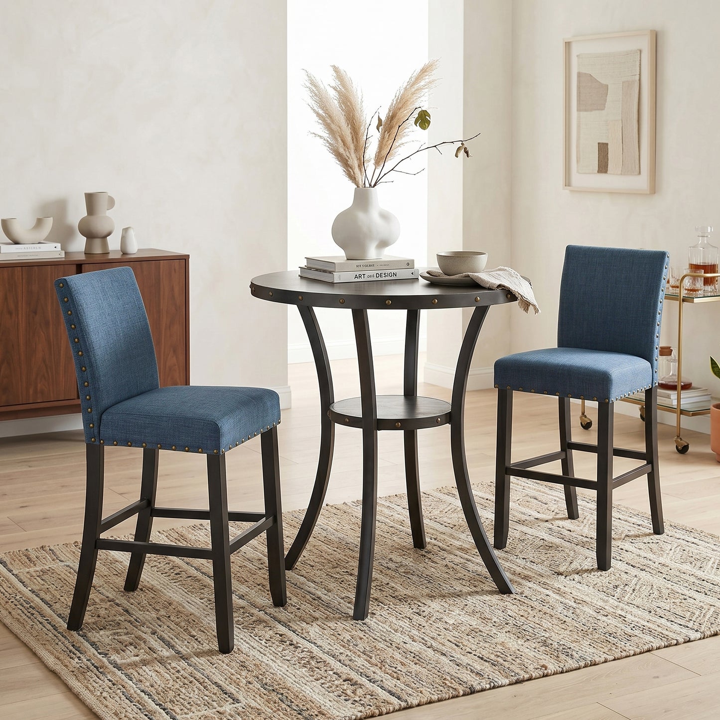 Biony 3-Piece 36" Round Espresso Finish Bar Table with 2 Blue Fabric Nail Head Pub Chairs image 1