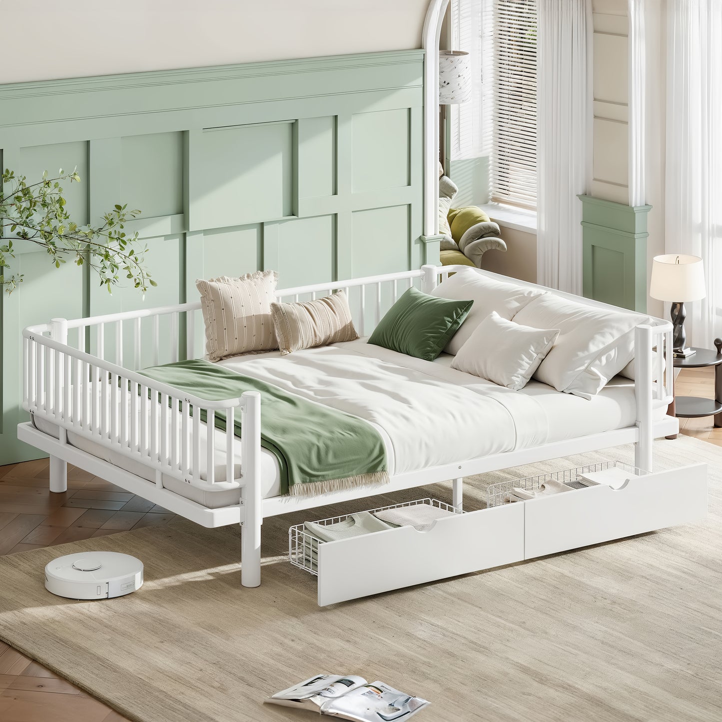 Queen Size Platform Bed with Storage Drawers, Metal Daybed Frame with Upgraded Safety Round-Pipe Design, Low Profile Design, White image 1