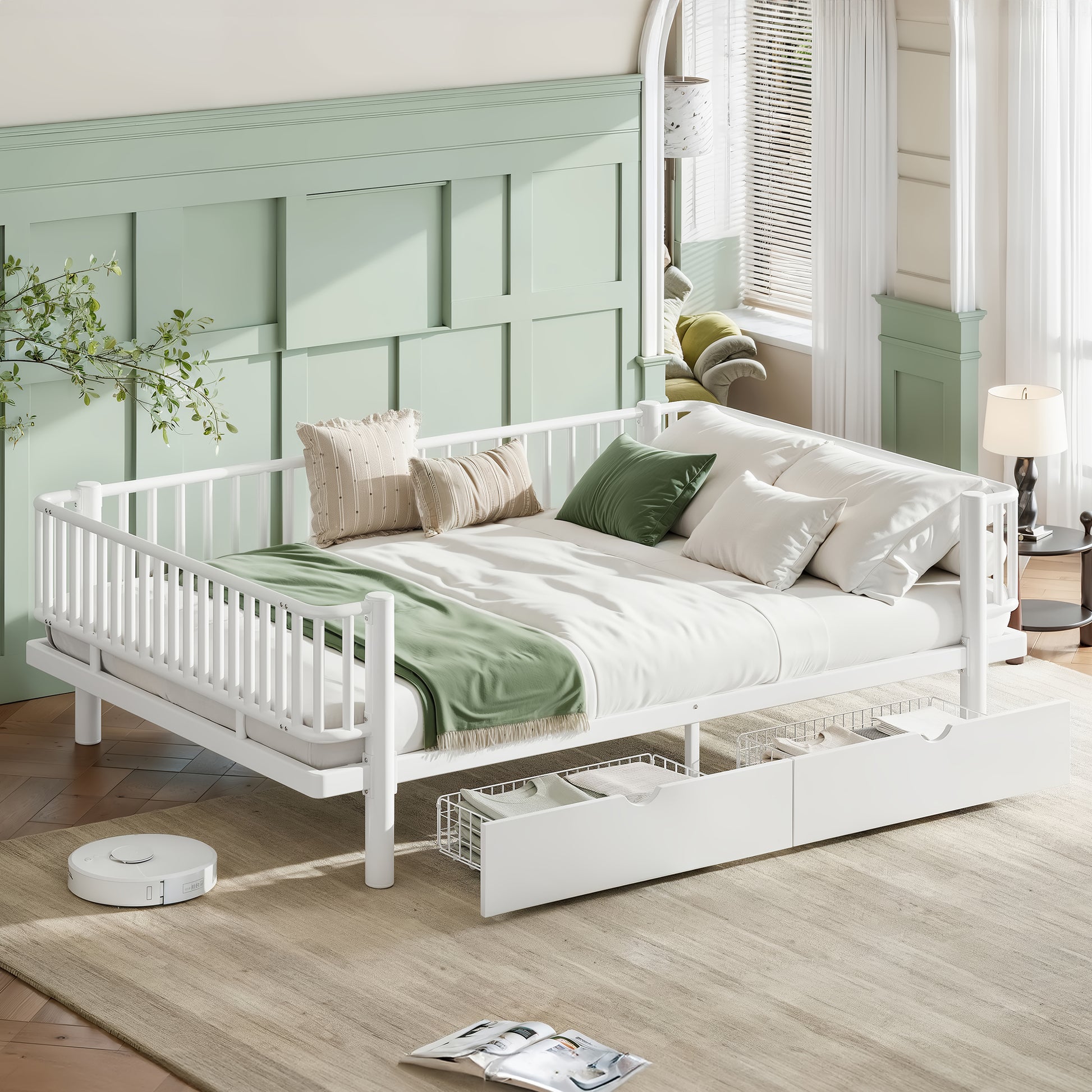 Queen Size Platform Bed with Storage Drawers, Metal Daybed Frame with Upgraded Safety Round-Pipe Design, Low Profile Design, White image 1