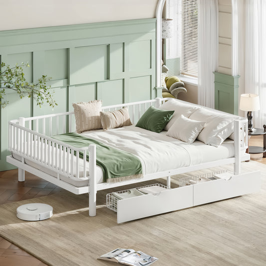 Queen Size Platform Bed with Storage Drawers, Metal Daybed Frame with Upgraded Safety Round-Pipe Design, Low Profile Design, White image 1