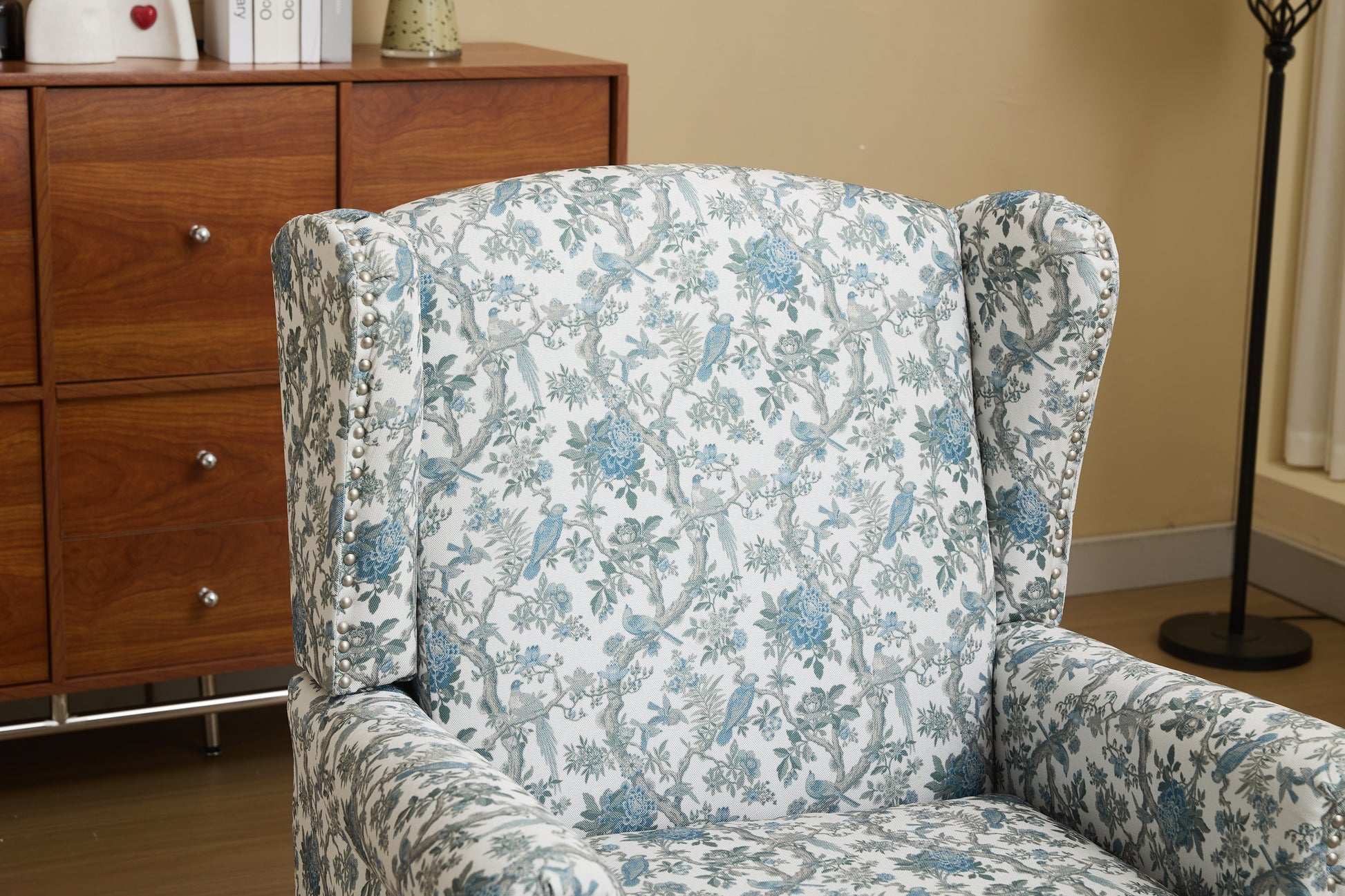 Modern Accent Chair with Retro Wood Legs, Comfy Upholstered Armchair, Floral Design Single Sofa Chair for Living Room Bedroom Office - Blue Bird image 8