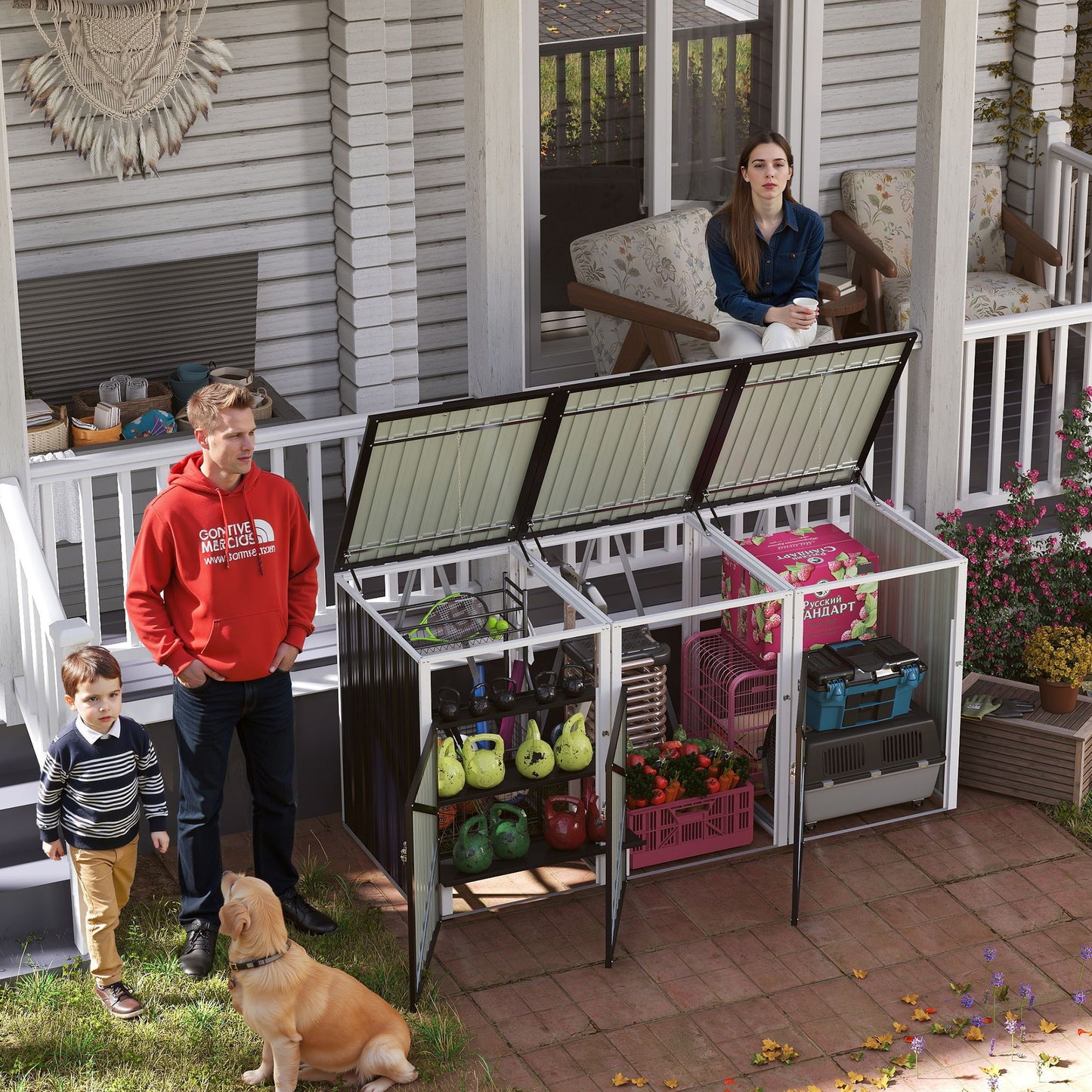 Garbage Bin Shed Stores 3 Trash Cans with Pneumatic Support Rod, with Lockable Doors & Waterproof Lid Chain, for Patio,Garden,Backyard,Grey image 7