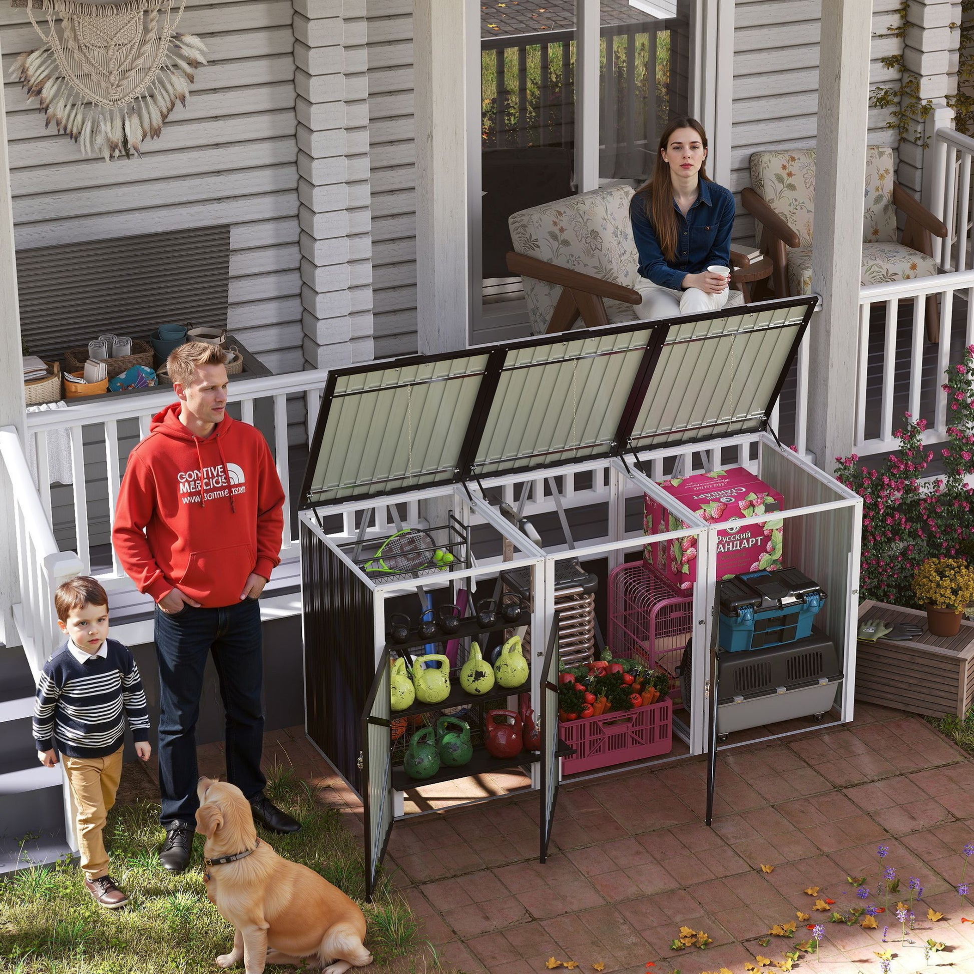 Garbage Bin Shed Stores 3 Trash Cans with Pneumatic Support Rod, with Lockable Doors & Waterproof Lid Chain, for Patio,Garden,Backyard,Grey image 7