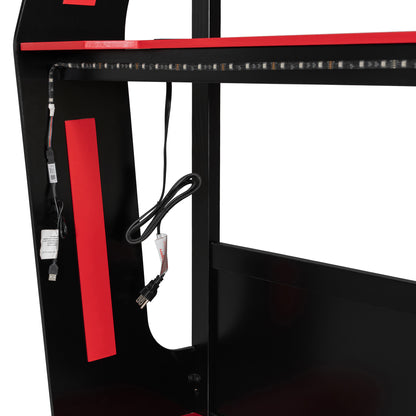 Full-Size Gaming Bunk Bed with Side-Mounted Oversized RGB Desk, USB Charging Ports & Cable Grommet, LED Light Strip, Heavy-Duty Esports Loft Frame – Cool Design-Red image 9