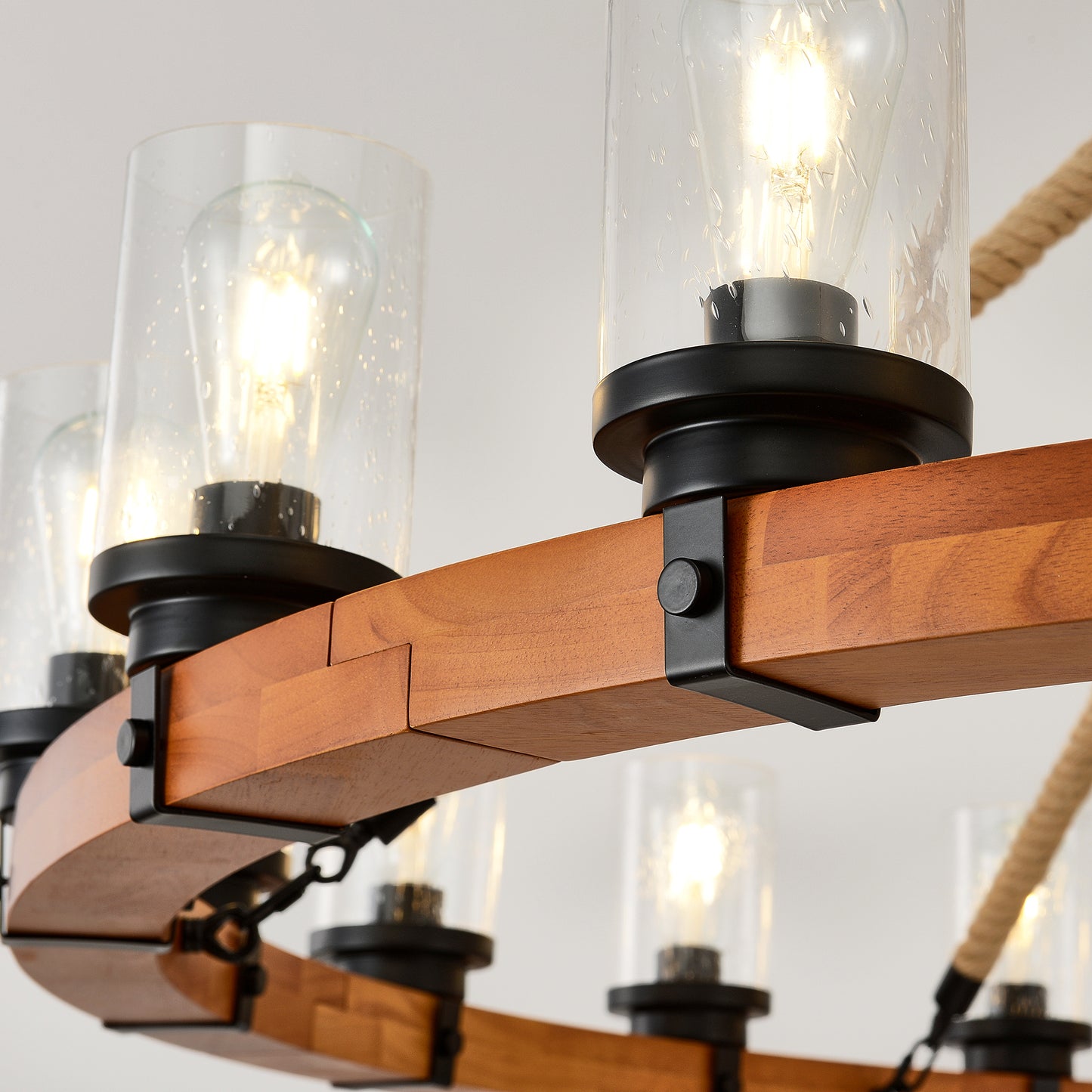 18-Light Rustic Wagon Wheel Chandelier,59"Wooden Pendant Light with Seeded Glass Shade,Industrial Chandeliers for Dining Room Kitchen lsland Foyer (Solid One-Piece Wood Frame Design)-NO INCLUDED BULBS image 2