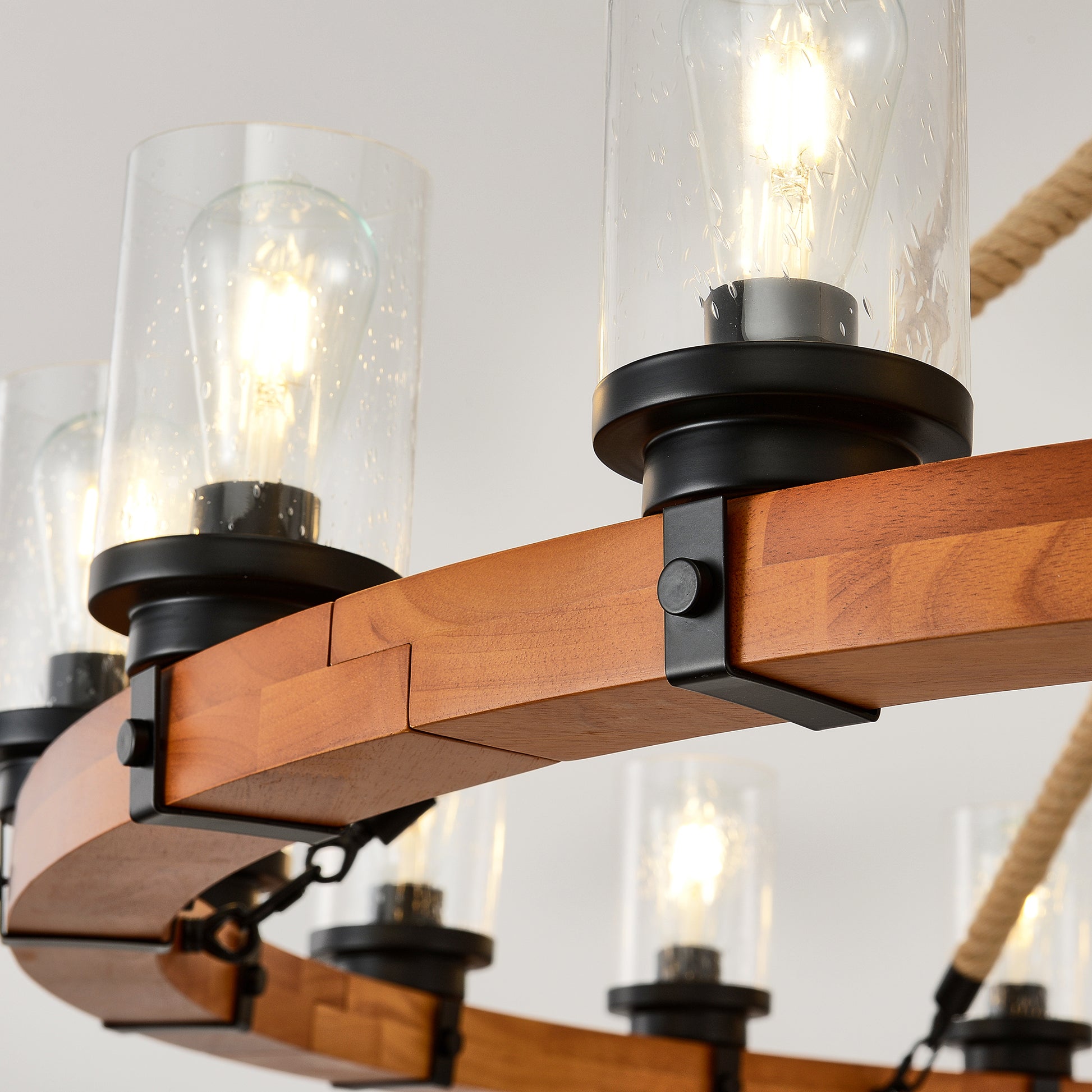 18-Light Rustic Wagon Wheel Chandelier,59"Wooden Pendant Light with Seeded Glass Shade,Industrial Chandeliers for Dining Room Kitchen lsland Foyer (Solid One-Piece Wood Frame Design)-NO INCLUDED BULBS image 2