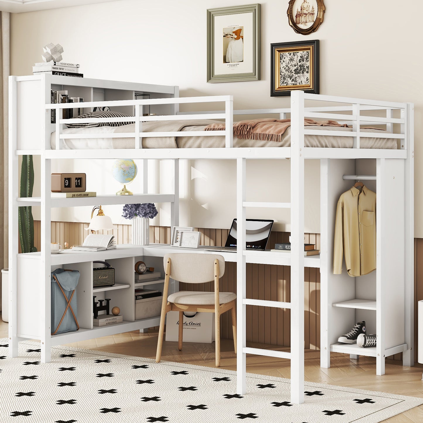 Metal Loft Bed with Wardrobe And L-shaped Desk, Full Size Loft Bed with Storage Cubes and Shelves, Heavy Duty Loft Bed for Kids Teens Adults, White image 1