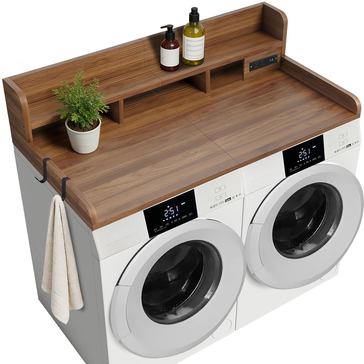 2-Tier Washer and Dryer Countertop with Power Outlet, 54" W x 27.5" D Large Laundry Countertop for Fold Clothes, Laundry Topper with Non-Slip Pads & Hooks and Storage Basket (Walnut Color) image 7
