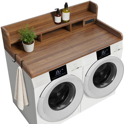 2-Tier Washer and Dryer Countertop with Power Outlet, 54" W x 27.5" D Large Laundry Countertop for Fold Clothes, Laundry Topper with Non-Slip Pads & Hooks and Storage Basket (Walnut Color) image 7
