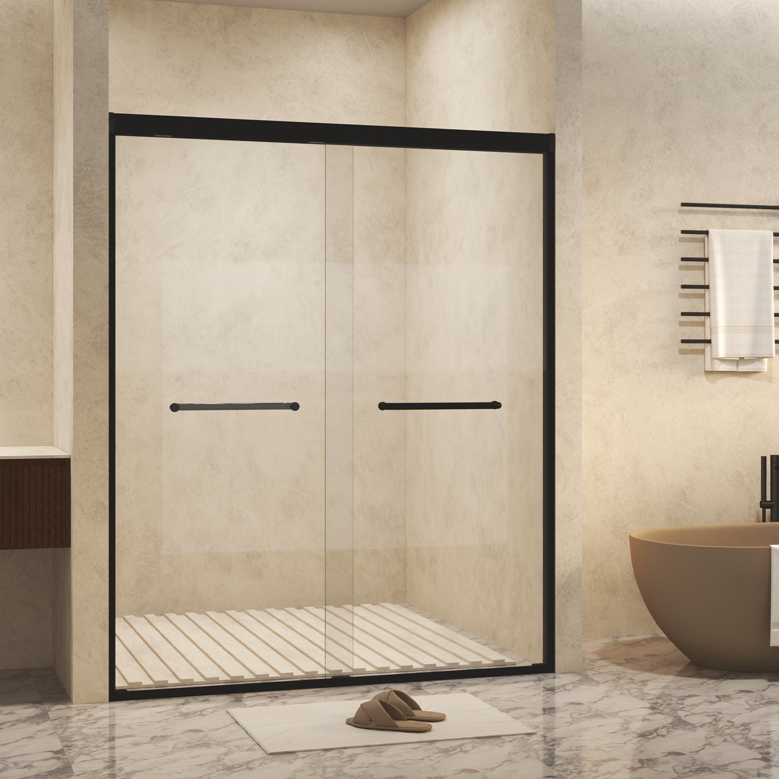 50-54" W × 72" H Tempered Glass with Explosion Proof Film, Aluminum Frame Double Sliding Shower Door, "1/4 (6 mm), Stainless Steel handle, Matte Black image 2