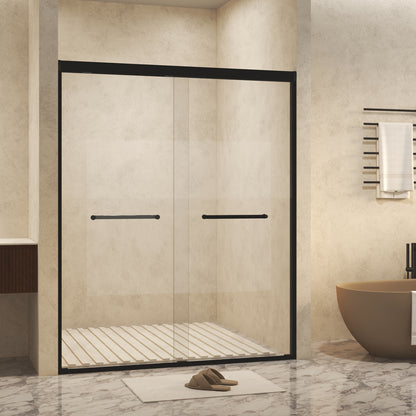 50-54" W × 72" H Tempered Glass with Explosion Proof Film, Aluminum Frame Double Sliding Shower Door, "1/4 (6 mm), Stainless Steel handle, Matte Black image 2