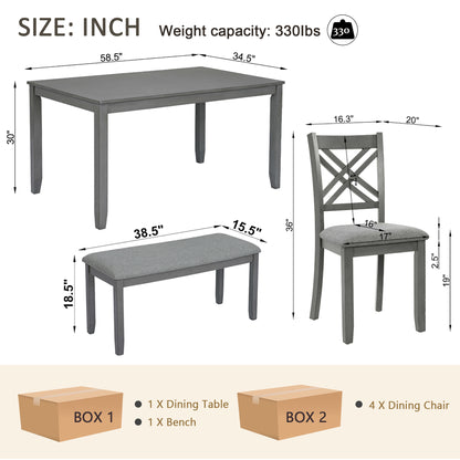 6 Piece Kitchen Dining Set, Rectangular Wooden Dining Table with 4 Upholstered Chairs and a Bench, Dining Table Set for 6 People, Living Room and Kitchen, Grey image 9