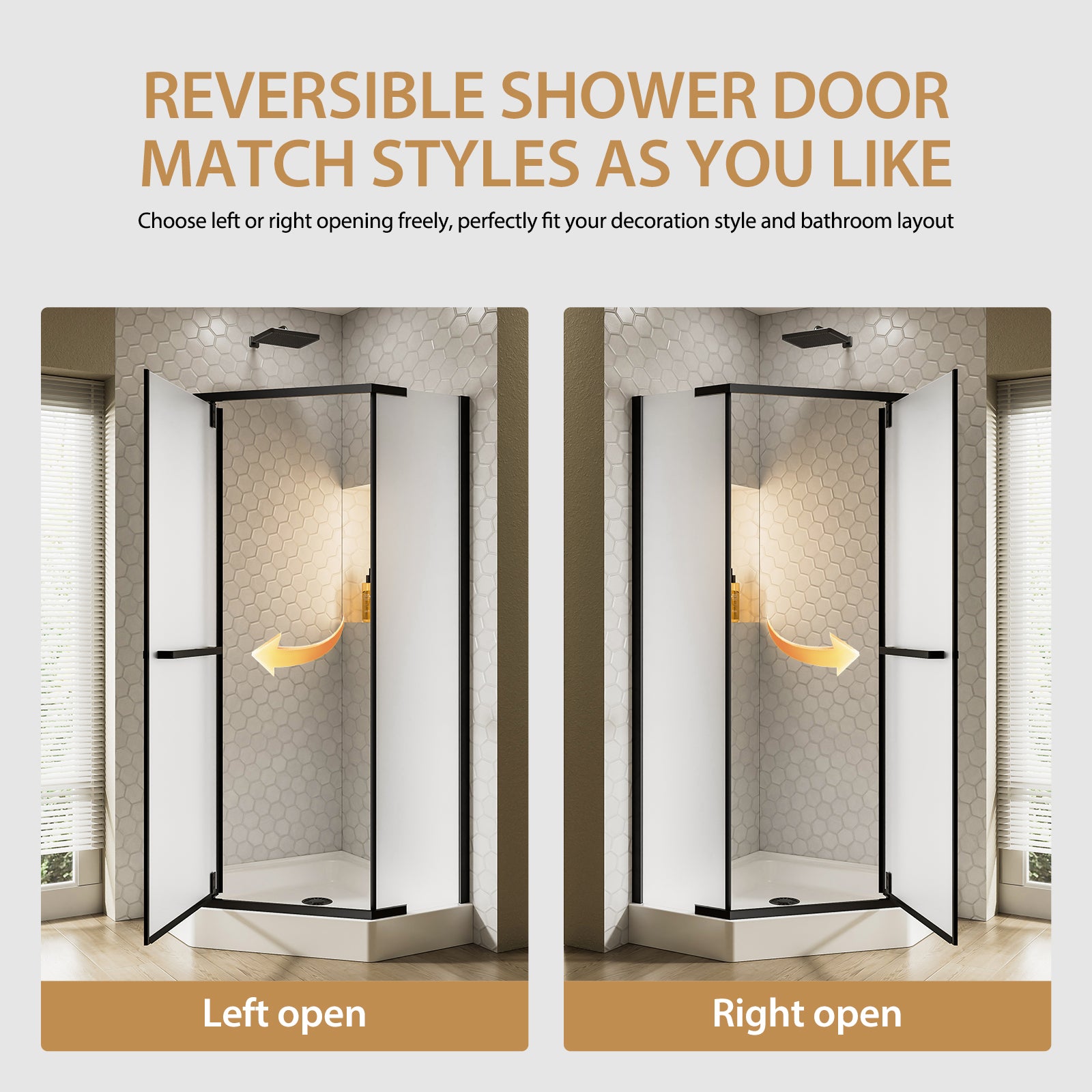 36"D X 36"W X 72"H Neo-Angle Shower Door, Corner Shower Door, 1/4" Tempered Glass With Frosted Ultra-Clear Nano-Coated, Black Stainless Steel Frame image 4