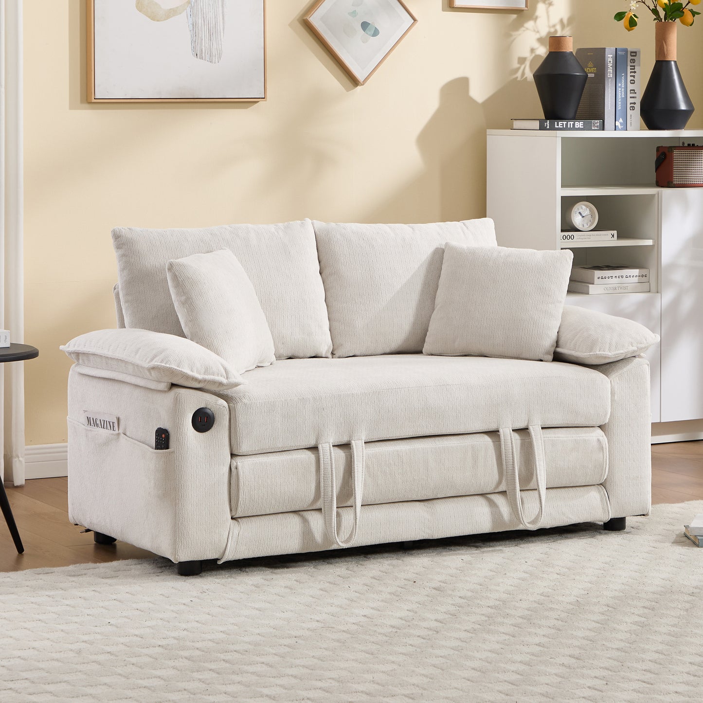 58 inch 3-in-1 Upholstered Futon Sofa Convertible Floor Sofa bed,Foldable Tufted Loveseat with Pull Out Sleeper Couch Bed,Folding Mattres Love Seat Daybed W/Side Pockets for Living Room White image 3