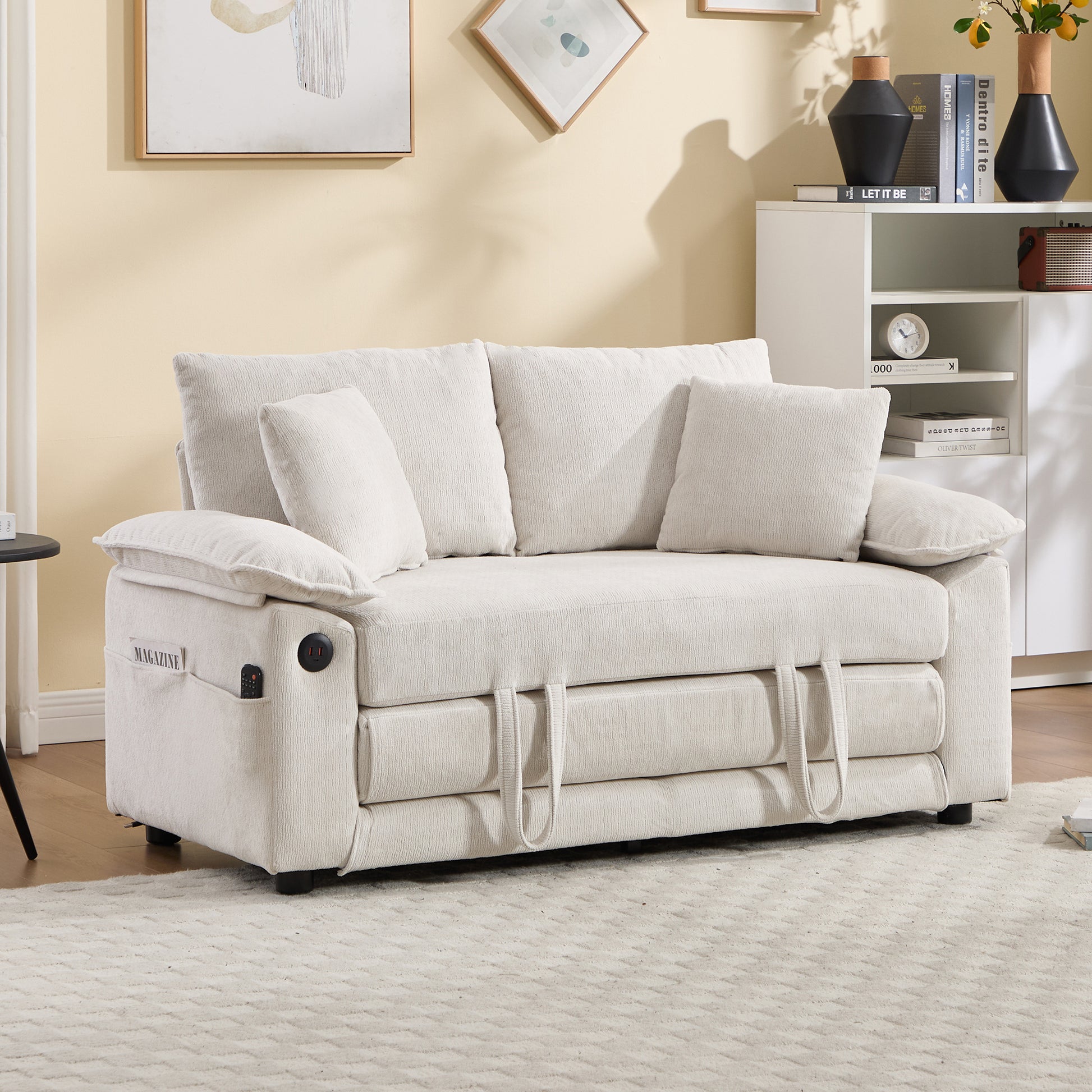 58 inch 3-in-1 Upholstered Futon Sofa Convertible Floor Sofa bed,Foldable Tufted Loveseat with Pull Out Sleeper Couch Bed,Folding Mattres Love Seat Daybed W/Side Pockets for Living Room White image 3