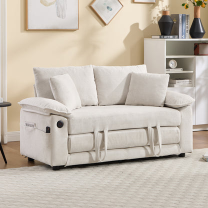 58 inch 3-in-1 Upholstered Futon Sofa Convertible Floor Sofa bed,Foldable Tufted Loveseat with Pull Out Sleeper Couch Bed,Folding Mattres Love Seat Daybed W/Side Pockets for Living Room White image 3