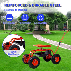 Garden Cart Rolling Scooter, Adjustable Height Heavy Duty Scooter, Rolling Garden Cart with 4 Wheels and Extendable Handle, Garden Stool Cart with 360-Degree Seat and Tool Tray (Red)