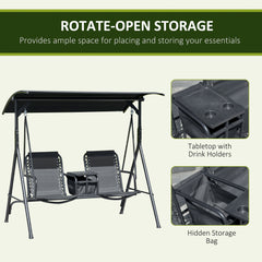 Outsunny 2-Seat Patio Swing Chair, Outdoor Canopy Swing Glider with Pivot Storage Table, Cup Holder, Adjustable Shade, Bungie Seat Suspension and Weather Resistant Steel Frame, Black
