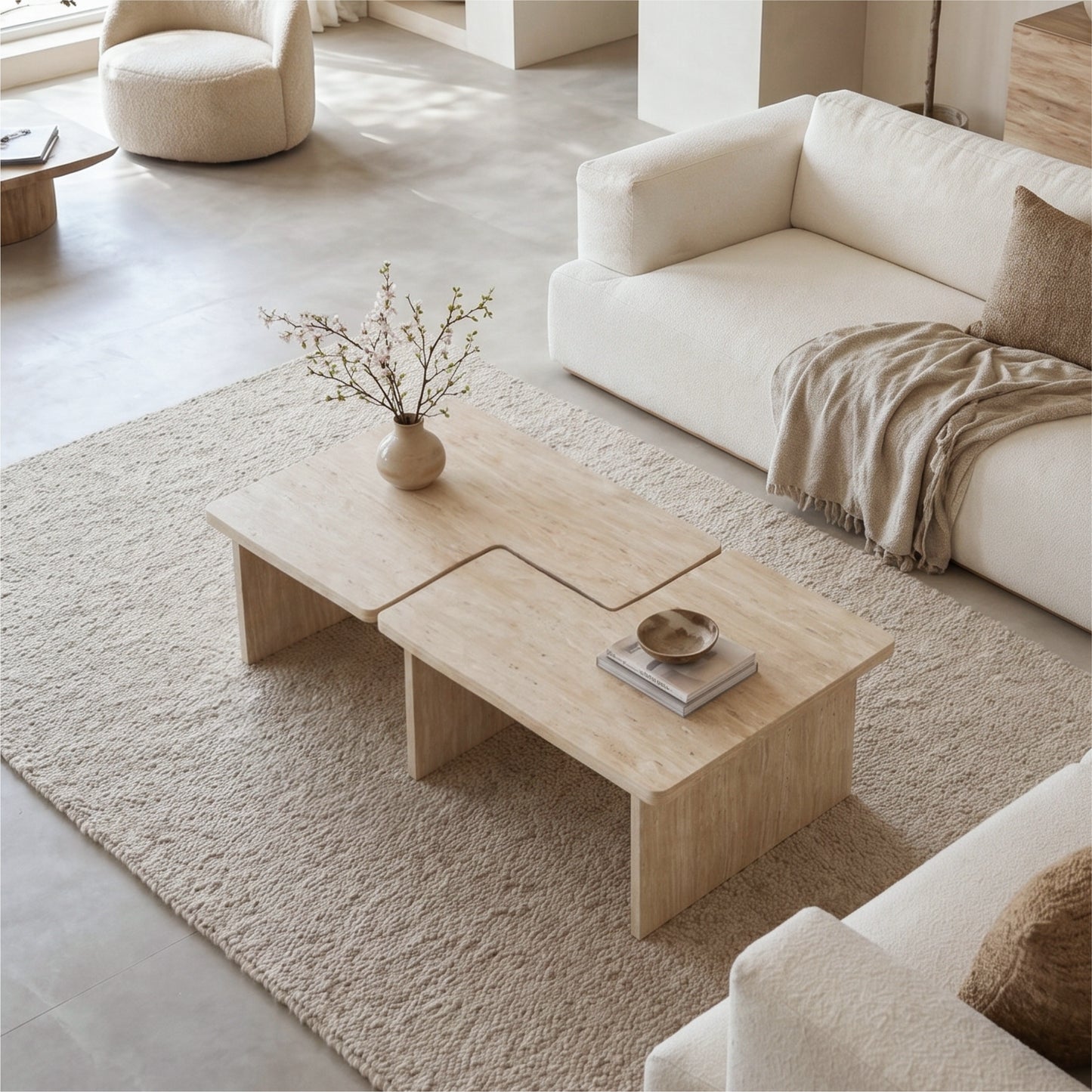 Modular Travertine Coffee Table Set of 2, Nesting L-Shaped Puzzle Center Table, Separable Side Corner Table for Apartment Small Spaces & Living Room,Cream Beige image 2