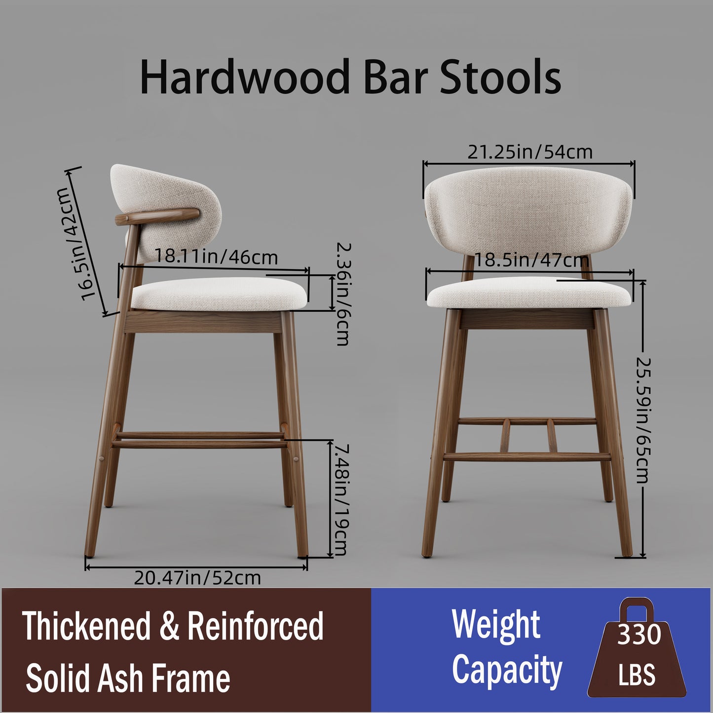 Set of 2 Upgraded Version Modern Ash Wood Counter Height Bar Stools - WALNUT image 2