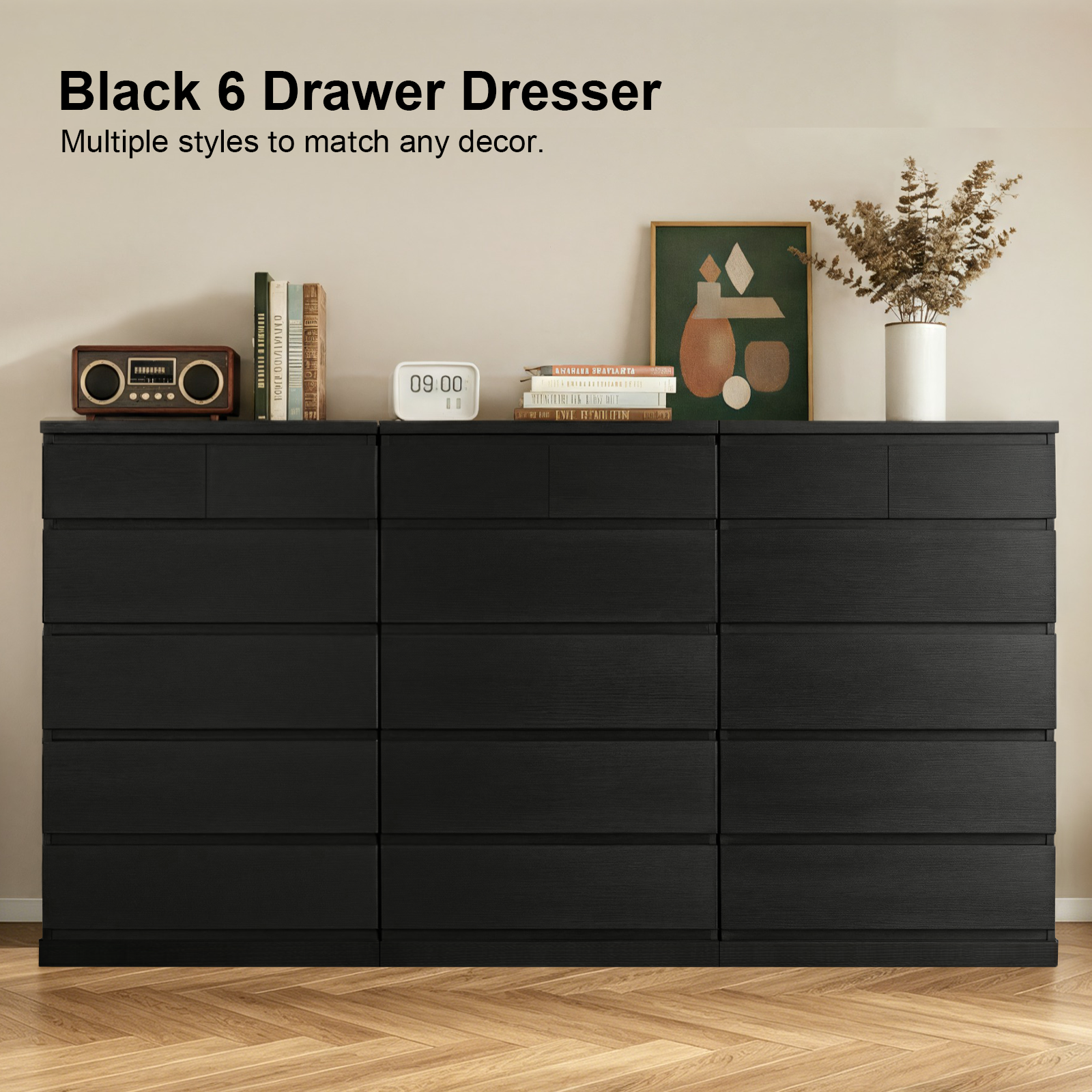 6 Drawers Dresser for Bedroom, Tall Dresser for Bedroom, Modern Chest of Drawers with Concealed Handles, Vertical Wood Storage Cabinet for Bedroom, Living Room, Entryway, Black image 6