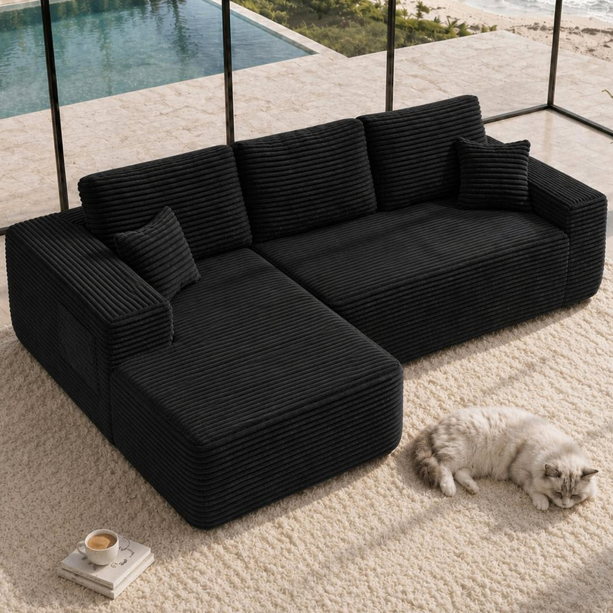 104" Cloud Sectional Sofa with L-Shape Chaise and Side Pockets, Modern Modular Design, Deep Seating, Upholstered Couch for Living Room/Bedroom, No Assembly Required (Plush Fabric), Black, Left-facing image 1