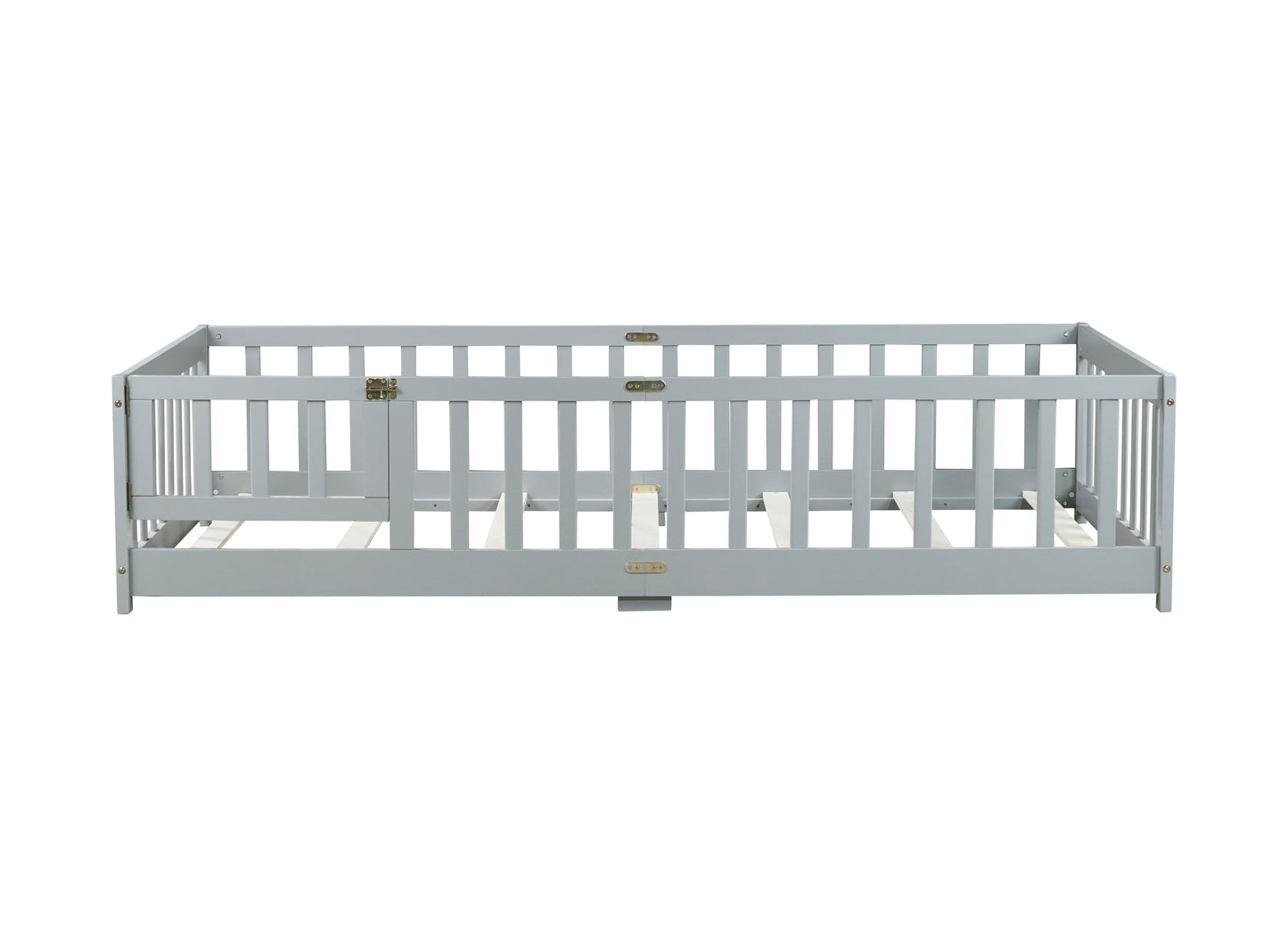 Twin Size Floor Bed with Fence and Door,Rubber Wood Floor Bed with Safety Guardrails,Grey (Old Sku W504P286372) image 4
