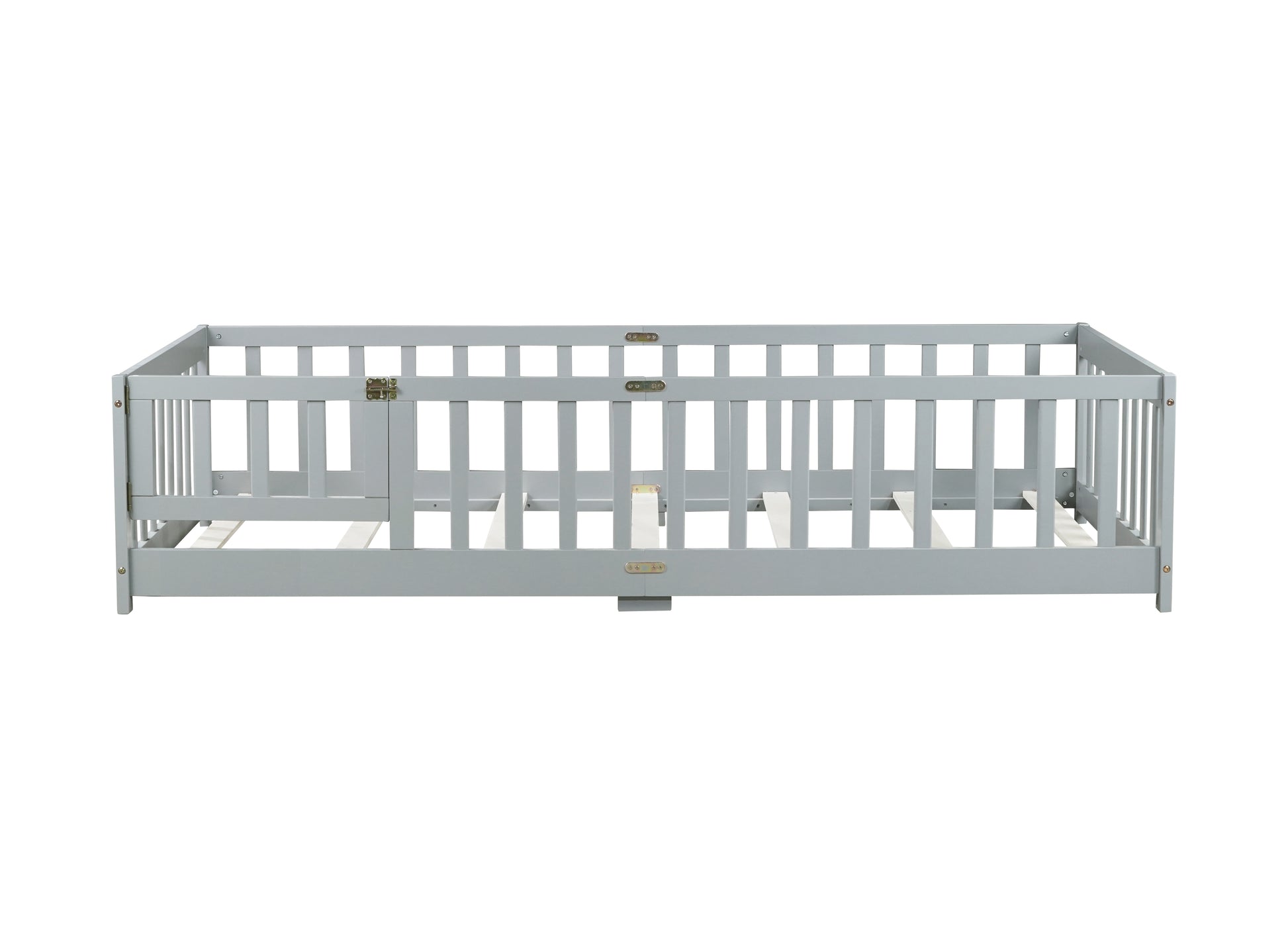 Twin Size Floor Bed with Fence and Door,Rubber Wood Floor Bed with Safety Guardrails,Grey (Old Sku W504P286372) image 4
