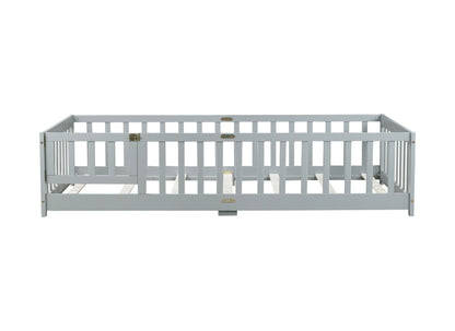 Twin Size Floor Bed with Fence and Door,Rubber Wood Floor Bed with Safety Guardrails,Grey (Old Sku W504P286372) image 4