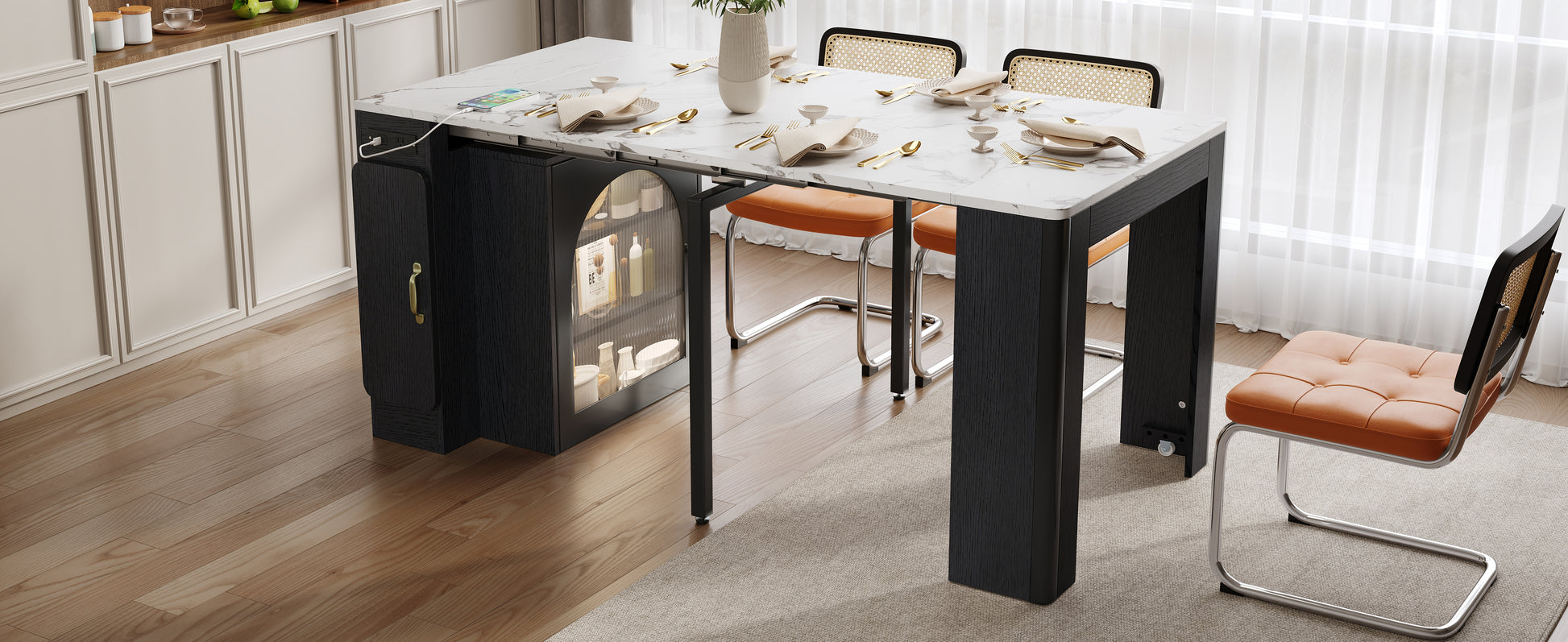 TREXM Extendable Dining Table with 3 Removable Middle Leaves, Mobile Rolling Island Table with Power Outlet, Saving-space Cabinet with Storage for Dining Room and Living Room (BLACK AND MARBLE WHITE) image 9