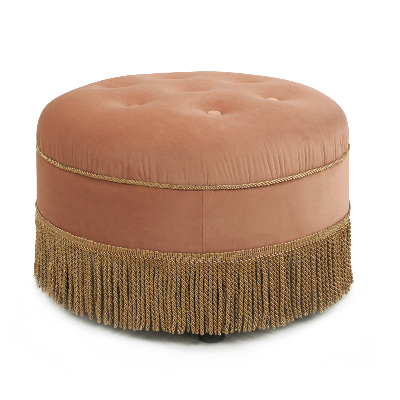 Yolanda 24" Round Upholstered Accent Ottoman, Peach Orange Velvet with Gold Trim image 6