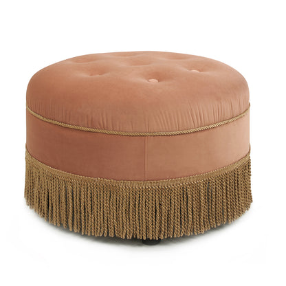 Yolanda 24" Round Upholstered Accent Ottoman, Peach Orange Velvet with Gold Trim image 6