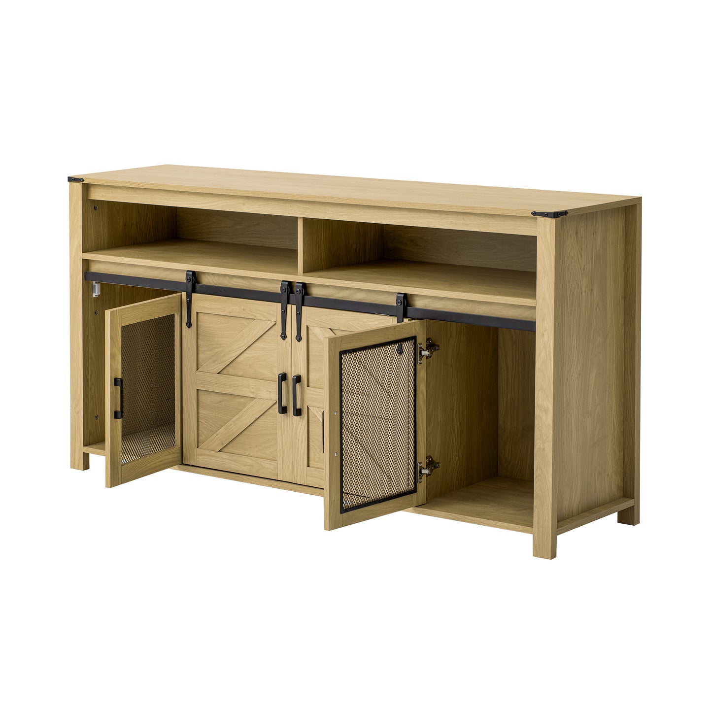 U_STYLE 59.3''Sideboard with Sliding Barn Door and Mesh Panels,Farmhouse Buffet with Open Storage,Suitable for Living Room, Hallway, Balcony,Kitchen, Office image 8