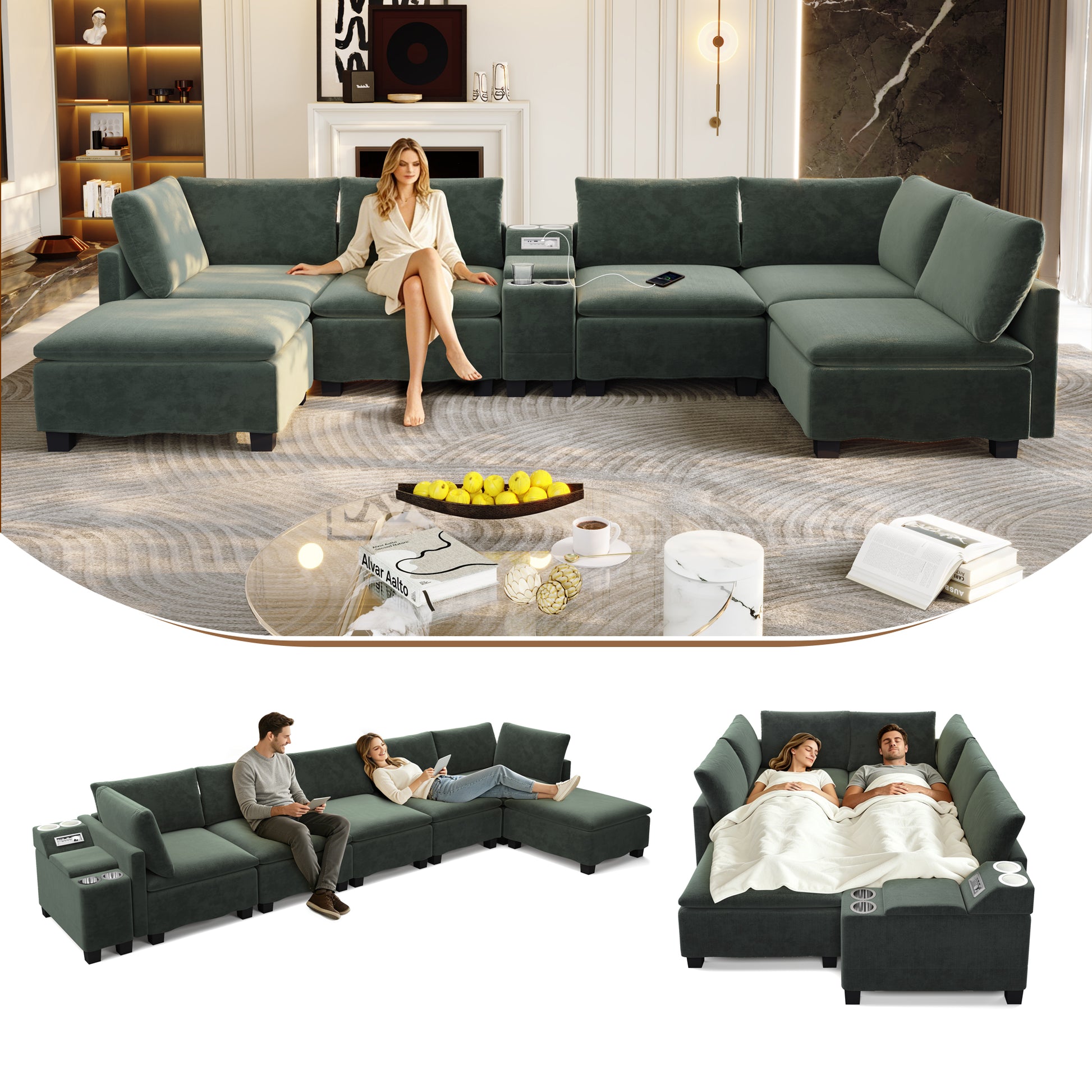 121.2" Modular U-Shaped Cloud Sectional Sofa with Movable Ottoman, Chenille Convertible Sofa Bed with Hidden Storage & USB Ports & Cup Holders & Bluetooth Speaker for Living Room, Apartments, Green image 1