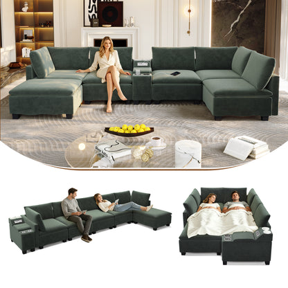 121.2" Modular U-Shaped Cloud Sectional Sofa with Movable Ottoman, Chenille Convertible Sofa Bed with Hidden Storage & USB Ports & Cup Holders & Bluetooth Speaker for Living Room, Apartments, Green image 1