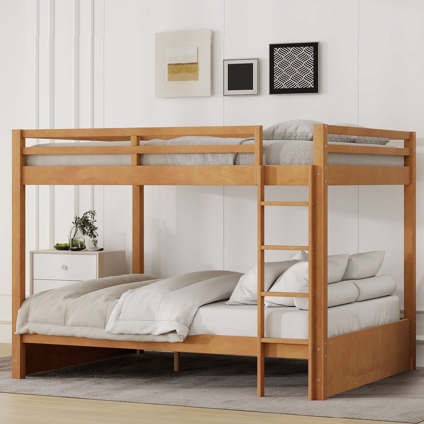 Wood Queen Size Bunk Bed with Ladder, Wood Color image 2