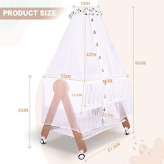 Wooden Bedside Bassinet Sleeper, Safe Stylish Baby Crib Bassinet with Locking Wheels Mosquito Net Large Storage Basket Mattress Pad Included Bassinet for Newborn and Infants