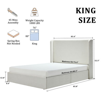 Carmen Upholstered Wingback Bed / Upholstered Platform Bed Frame / 52.3" High Headboard / Simplicity / Minimalist / No Box Spring Needed / Easy Assembly / King/ Textured Ivory Canvas Chenille/No Noise image 7