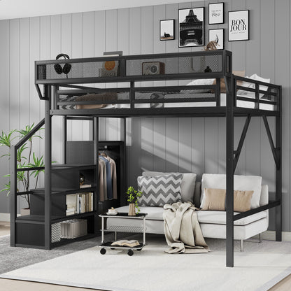 Queen Size Loft Bed with Stairs, Metal Queen Loft Bed with Storage Shelves, High Loft Bed with Wardrobe for Kids Teens Adults, Black(Old skuW2580S00038) image 1