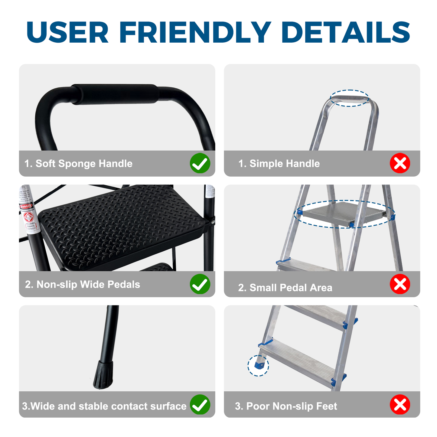 3 Step Ladder, Folding Step Stool with Wide Anti-Slip Pedal, Sturdy Steel Ladder, Lightweight, Portable Steel Step Stool image 7