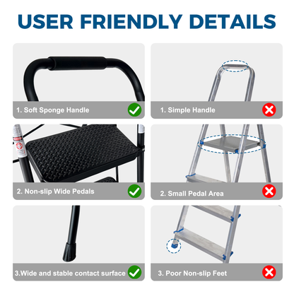 3 Step Ladder, Folding Step Stool with Wide Anti-Slip Pedal, Sturdy Steel Ladder, Lightweight, Portable Steel Step Stool image 7