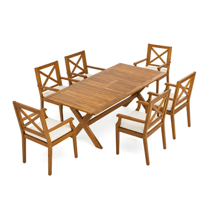7 Pieces Acacia Wood Outdoor Dining Set with Cream Cushions,Modern 6 Chairs 1 Large Table,Dining Furniture Set for Lawn, Backyard, Garden Deck,Poolside,Teak image 2