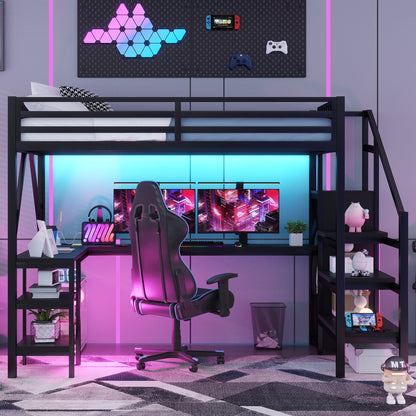 Metal Full Loft Bed with Wardrobe and LED Light, Full Size Loft Bed with L Shaped Desk and USB for Kids Teens Adults, Black(Old SKU W2593S00008,Expect Arrival Date 2026/2/25) image 4