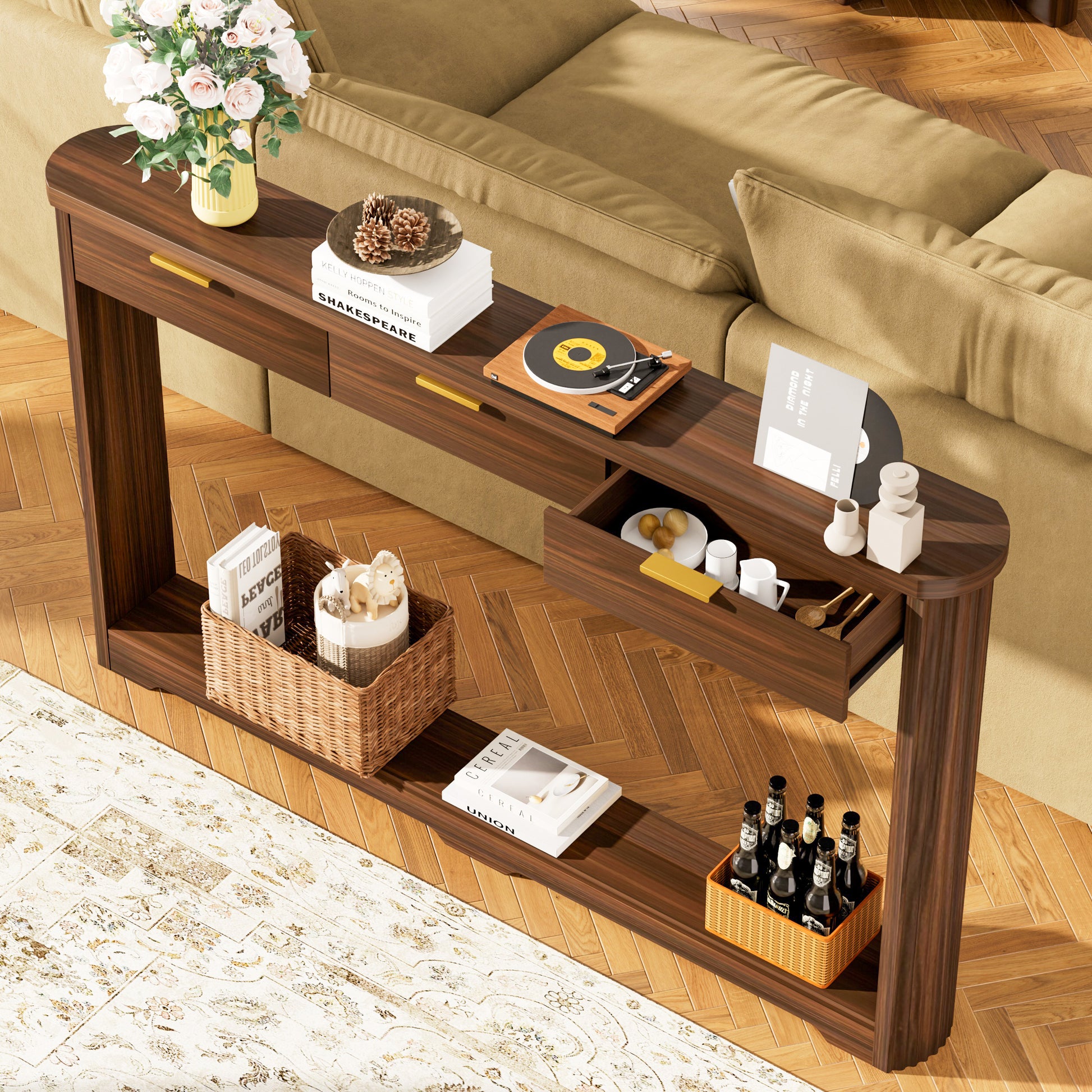 70.1" Wavy-Patterned Storage Table with Drawers; a slim wooden side table that can be placed behind a sofa, ideal for entryways, hallways, and doorways.Walnut.70.1"L*8.7"W*35.5"H image 5