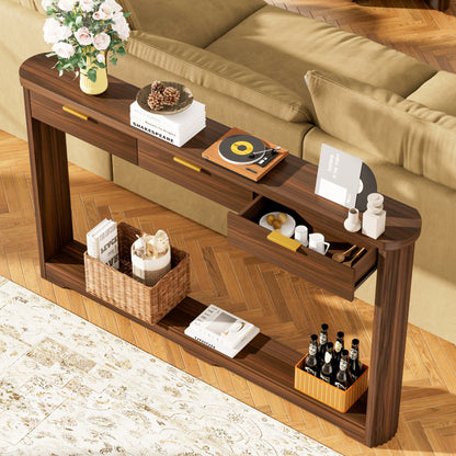 70.1" Wavy-Patterned Storage Table with Drawers; a slim wooden side table that can be placed behind a sofa, ideal for entryways, hallways, and doorways.Walnut.70.1"L*8.7"W*35.5"H image 5