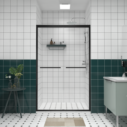 44-48"x76" Aluminum Frame Double Sliding Shower Door,Bypass Bathroom Sliding Door with Premium 1/4" (6mm) Clear Tempered Glass, Black Hardware Sliding Glass Shower Enclosure,Matte Black Finished image 1