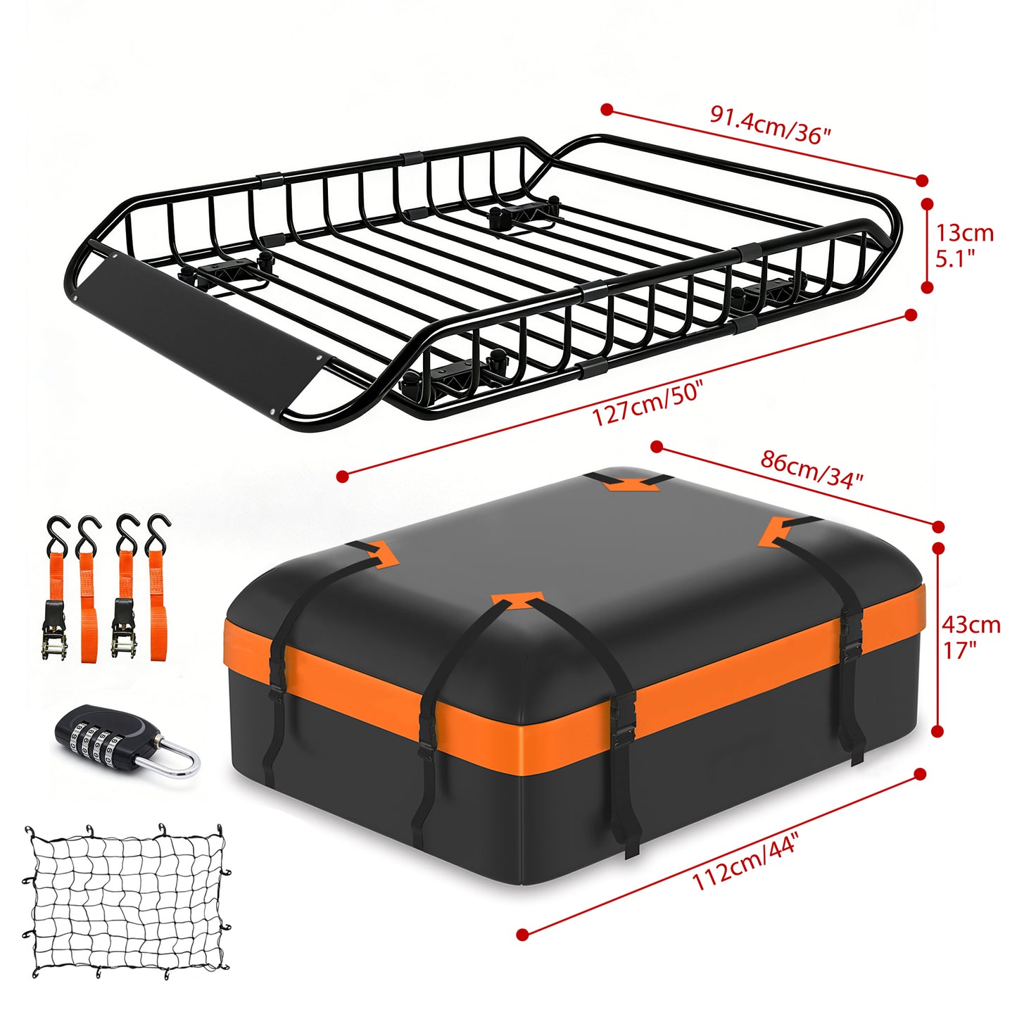 Roof Rack Cargo Basket 50"(L) x 36"(W) x 5.1"(H) Extendable Universal Rooftop Luggage Carrier for Truck Cars SUV with Waterproof Cargo Bag, Cargo Net, Ratchet Straps & Outdoor Combination Lock image 5