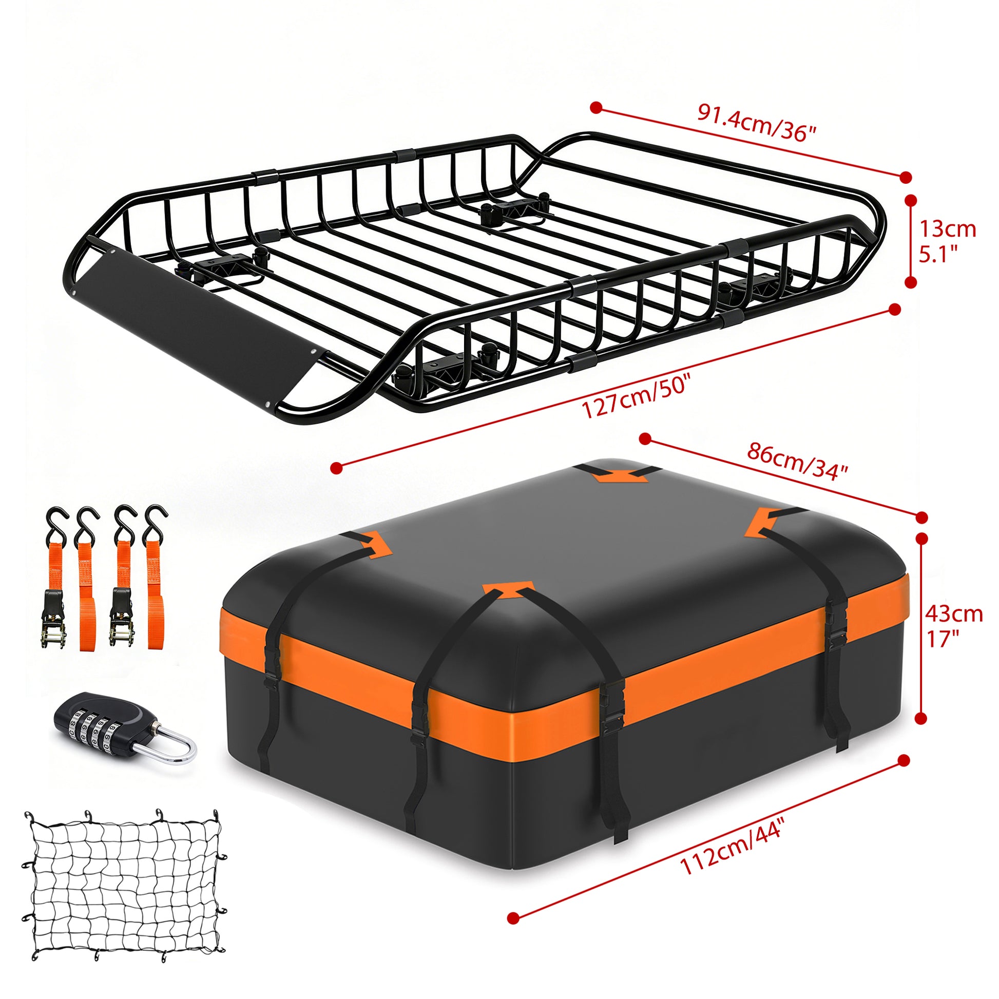 Roof Rack Cargo Basket 50"(L) x 36"(W) x 5.1"(H) Extendable Universal Rooftop Luggage Carrier for Truck Cars SUV with Waterproof Cargo Bag, Cargo Net, Ratchet Straps & Outdoor Combination Lock image 5