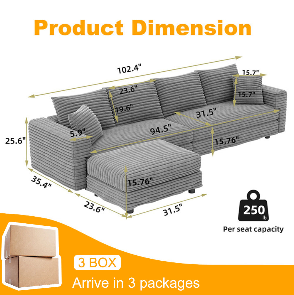 102.4 "Plush Corduroy 4-Seat Sofa,Modern Comfy Upholstered Sofa Cloud Couch,Deep Seat Couches with Soft Pillows and Movable Ottoman,Convertible Sofa Lounge Chair,Grey(Old SKU:W1885S00274) image 12